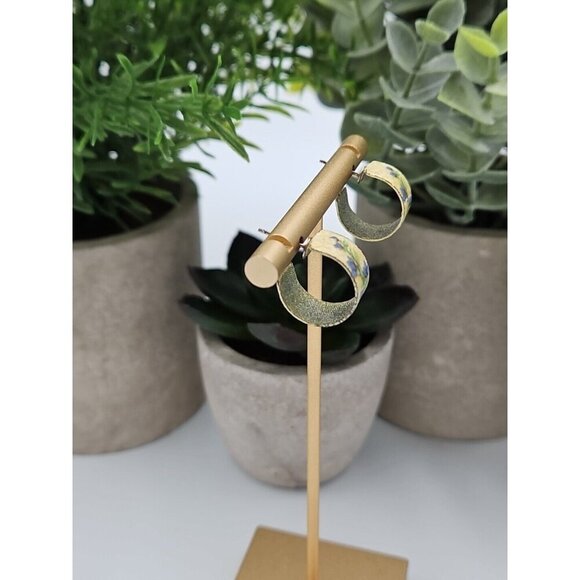 Vintage Hoop Earrings Yellow Enamel  Painted Violet Flower Post Back - Picture 2 of 5